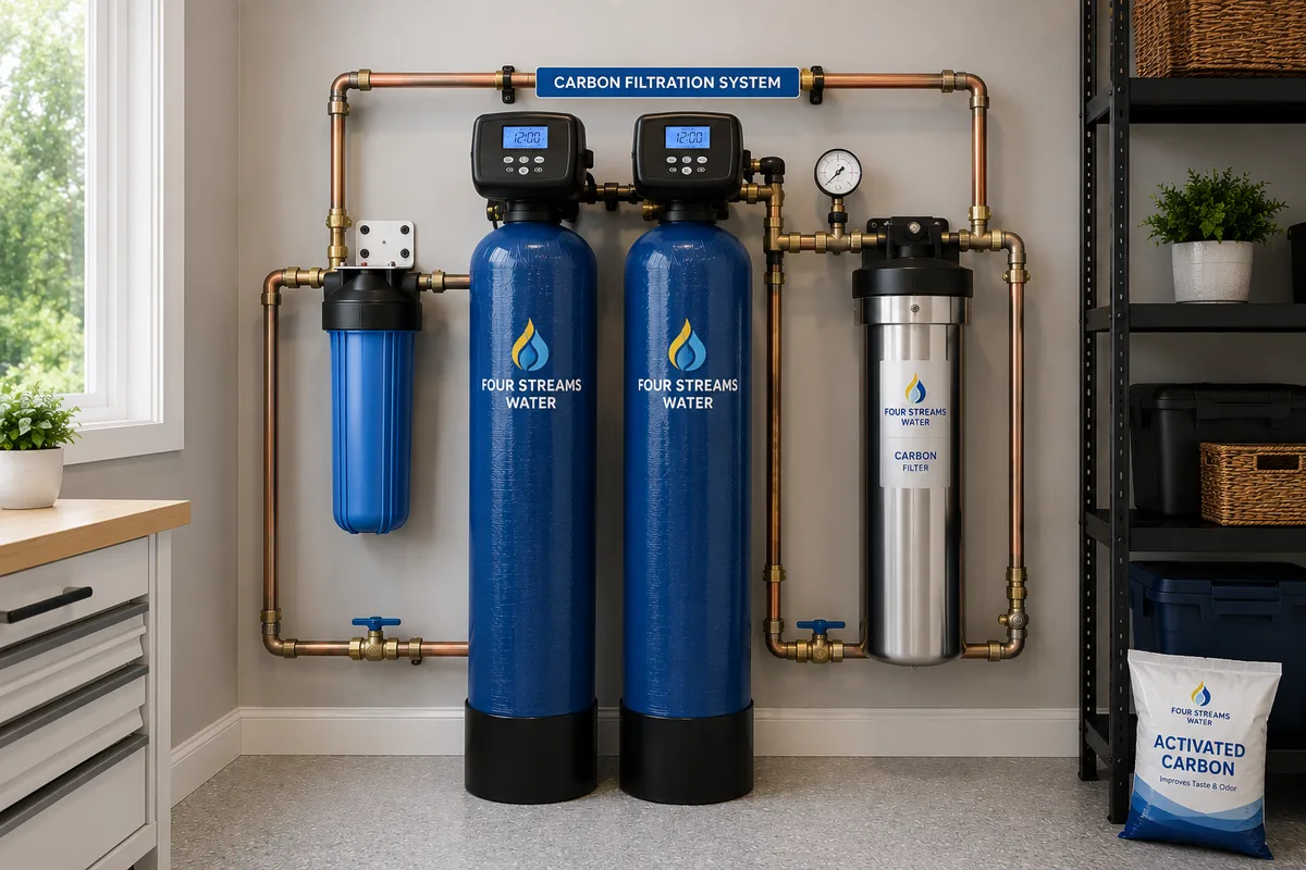 Four Streams Water Solutions carbon filtration system installed in a utility room