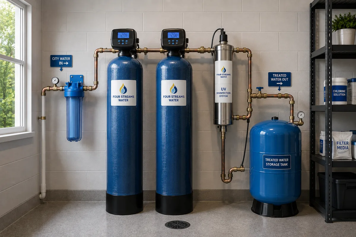 Four Streams Water Solutions city water treatment system installed in a utility room