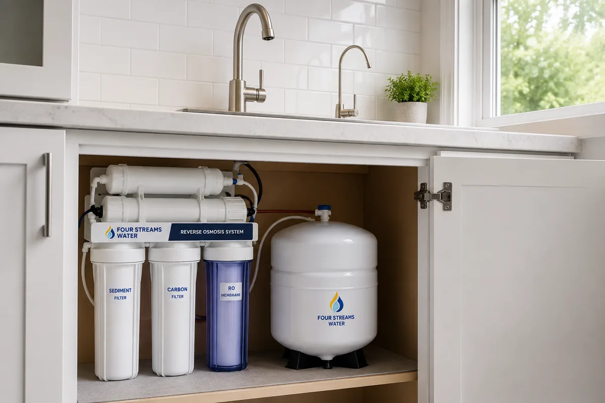 Four Streams Water Solutions reverse osmosis system installed under a kitchen sink