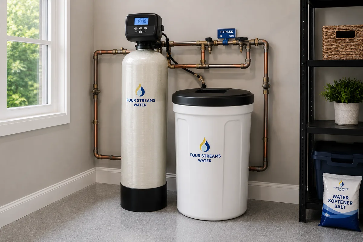 Four Streams Water Solutions water softener and brine tank installed in a utility room