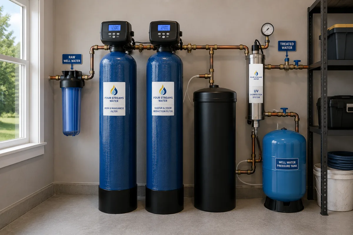Four Streams Water Solutions well water treatment system installed in a utility room