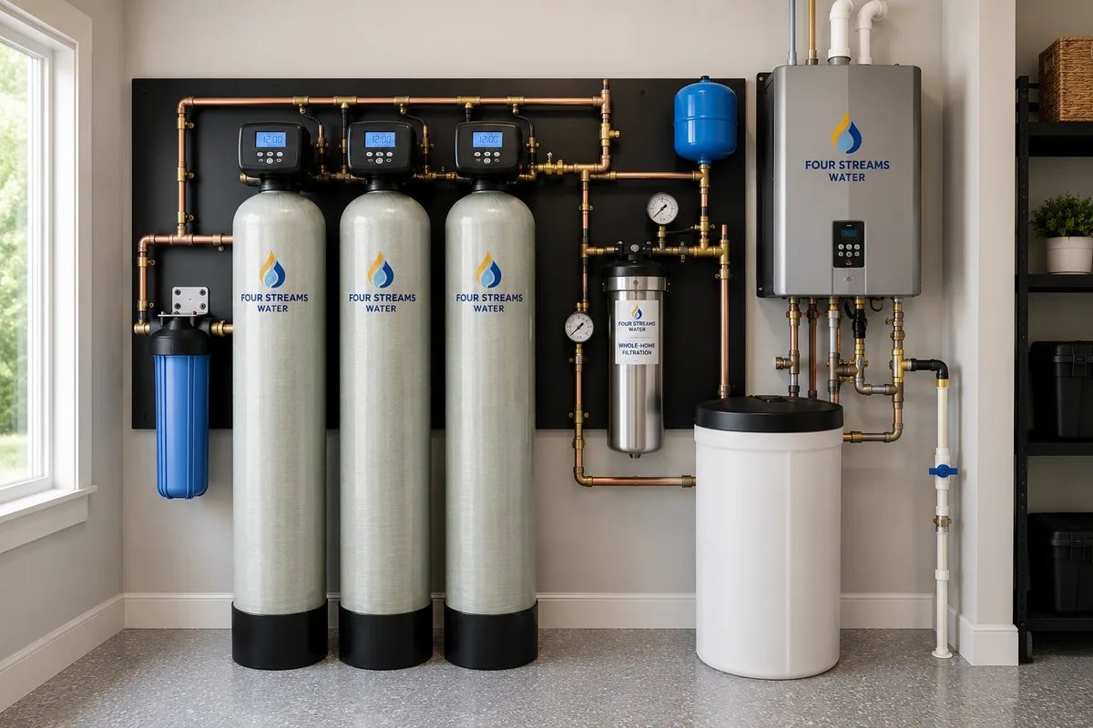 Four Streams Water Solutions whole-home filtration system installed in a utility room